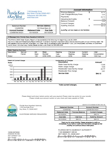 USA Florida Florida Keys business utility bill template in Word and PDF formats